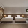 Hotel Guest Room Interior With Twin Beds Wooden Accent Walls Bedside Lamps And Armchair