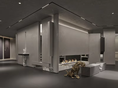 Modern Gray Interior Space With Fireplace Flames Golden Sculpture And Marble Elements 3d model