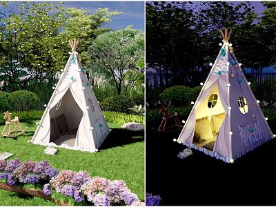 Cute Tipi Tent with Decorative Lights Windows in Garden Grass and Children Toys Day Night 3d model