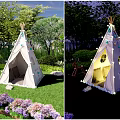 Cute Tipi Tent with Decorative Lights Windows in Garden Grass and Children Toys Day Night