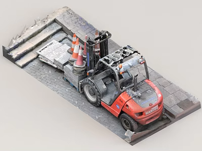 Red Industrial Forklift Working On Stone Pavers With Traffic Cones And Equipment 3d model