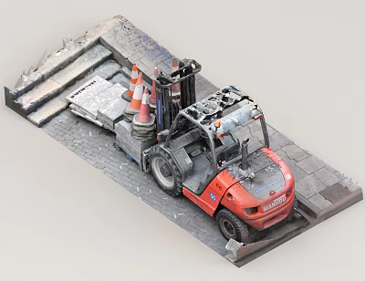Red Industrial Forklift Working On Stone Pavers With Traffic Cones And Equipment 3d model Red Industrial Forklift Working On Stone Pavers With Traffic Cones And Equipment 3d model