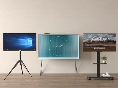 Three TV Screens With Various Stand Mounts Showing Time And Landscape In Modern Living Room 3d model