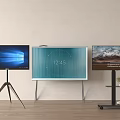 Three TV Screens With Various Stand Mounts Showing Time And Landscape In Modern Living Room