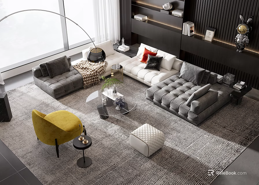 Modern Living Room Sofa And Coffee Table Set With Yellow Accent Chair And Area Rug 3d model 