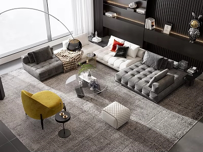 Modern Living Room Sofa And Coffee Table Set With Yellow Accent Chair And Area Rug 3d model
