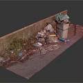 Trash Piled Against Wall With Debris On Pavement And Green Bag 3d model