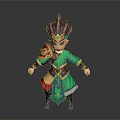 Cartoon Style Man In Green Red Traditional Outfit With Unique Headdress And Decorative Belt