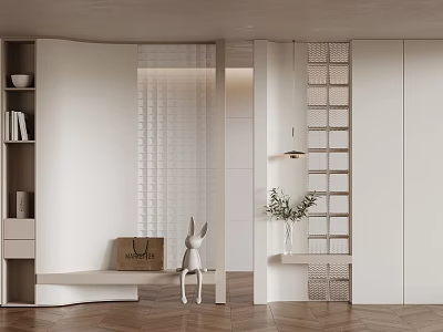 Modern White Partition With Geometric Pattern In Interior Space With Wooden Flooring And Decorative Accents 3d model