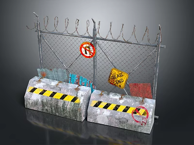 Security Fence With Barbed Wire Concrete Blocks Yellow Black Warning Stripes No Parking Warning Signs 3d model