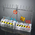 Security Fence With Barbed Wire Concrete Blocks Yellow Black Warning Stripes No Parking Warning Signs