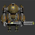 Orange Mechanical Robot Character Holding Multi Barrel Gun With Yellow Accents