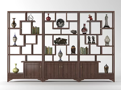 Traditional Wooden Curio Cabinet With Multiple Shelves And Decorative Vases Books Statues 3d model