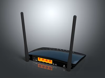 Black Wireless Router With Dual Antennas Orange Indicator Lights Ethernet Ports For Home Network Setup 3d model