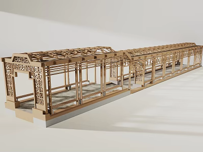 Traditional Chinese Style Wooden Pergola with Intricate Carved Patterns and Long Structure Design 3d model