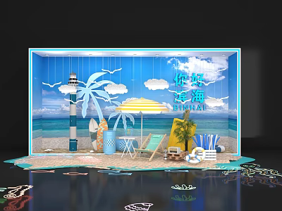 Beach Themed Photo Check In Spot With Lighthouse Palm Trees Beach Umbrella Sand And Lifebuoy 3d model