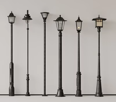 Various Black Outdoor Lights With Decorative Lamp Posts And Classic Shades 3d model