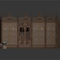 Antique Wooden Screen Furniture With Carved Spires Lattice Windows And Decorative Books