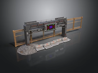 Industrial Gateway Structure With Metal Frame Digital Screen Wooden Fencing And Concrete Seats 3d model