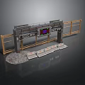 Industrial Gateway Structure With Metal Frame Digital Screen Wooden Fencing And Concrete Seats