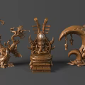 Intricate Golden Sculptures with Various Ornate Artistic Shapes and Decorative Details
