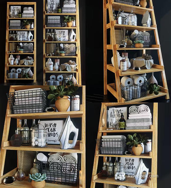Bathroom Accessories Organized On Wooden Tiered Shelves With Towels Toiletries Baskets And Plants 3d model 