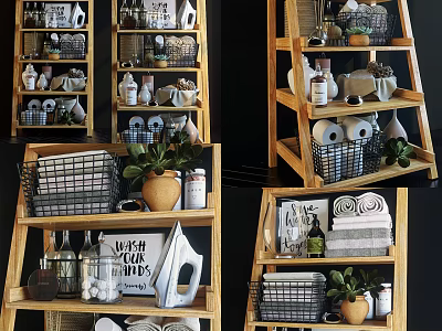 Bathroom Accessories Organized On Wooden Tiered Shelves With Towels Toiletries Baskets And Plants 3d model