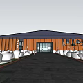 Large Industrial Plant Red Brick Facade Entrance Pedestrians Green Plants Birds in Sky