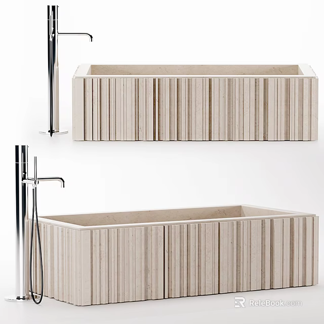 Modern Vertical Grooved Bathtub With Textured Surface And Contemporary Faucet 3d model 