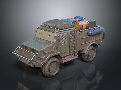 Old Green Military Truck Loaded With Cargo Supplies Oil Drums Luggage And Ladder 3d model