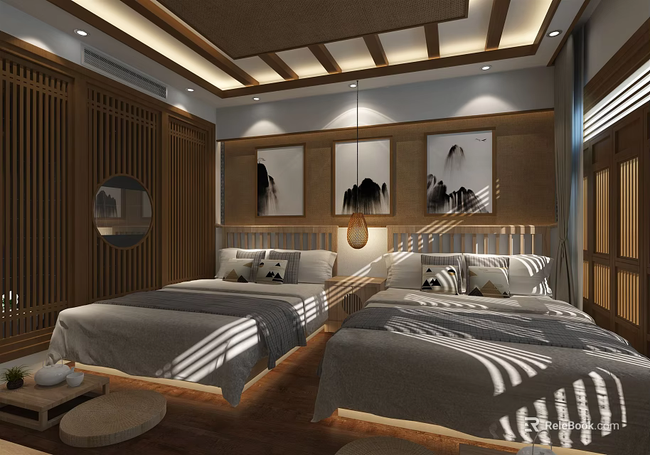 Traditional Hotel Guest Room With Wooden Decor Twin Beds And Landscape Paintings 3d model 