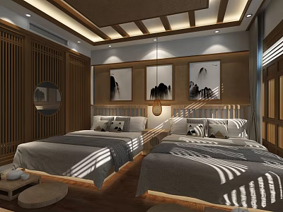Traditional Hotel Guest Room With Wooden Decor Twin Beds And Landscape Paintings 3d model