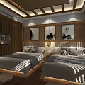 Traditional Hotel Guest Room With Wooden Decor Twin Beds And Landscape Paintings