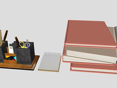 Organized Desk Stationery Setup With Pen Holder Scissors Notebooks And Notepad 3d model