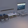 Modern Office Conference Table With Ergonomic Chairs Projector Screen And Potted Plants