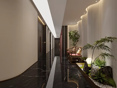 Elegant Modern Elevator Hallway Interior With Black Marble Floor Green Plants And Soft Lighting 3d model