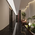 Elegant Modern Elevator Hallway Interior With Black Marble Floor Green Plants And Soft Lighting