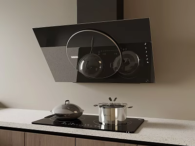Modern Kitchen With Black Range Hood Stainless Steel Pots On Stove Top Countertop 3d model