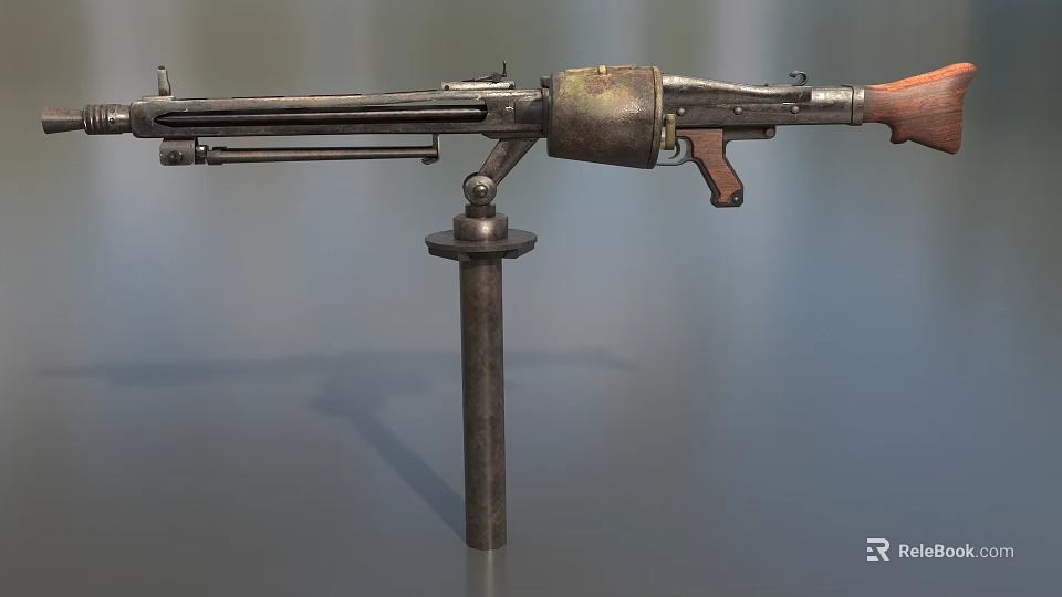 Vintage Machine Gun With Metal Structure Wooden Stock And Mount Stand Exhibition 3d model 