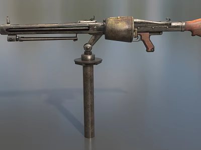 Vintage Machine Gun With Metal Structure Wooden Stock And Mount Stand Exhibition 3d model