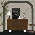Wooden Dresser with Black Round Handles Table Lamp Decorative Bird Painting Vase and Green Plants 3d model