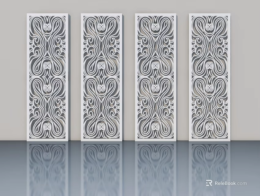 Elegant Four Vertical White Swing Doors With Intricate Detailed Patterns 3d model 