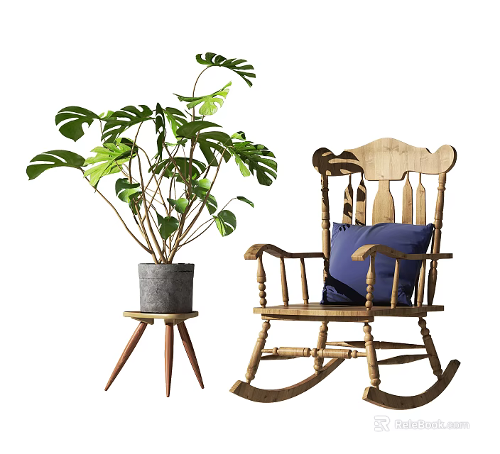 Wooden Rocking Leisure Chair With Blue Cushion And Green Plant Pot 3d model 