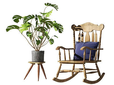 Wooden Rocking Leisure Chair With Blue Cushion And Green Plant Pot 3d model