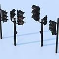 Multiple Traffic Lights With Red Yellow Green Signals On Poles Against Blue Sky Background