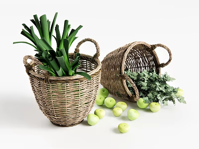 Natural Wicker Storage Baskets With Fresh Green Vegetables Foliage And Scattered Green Apples 3d model