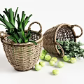 Natural Wicker Storage Baskets With Fresh Green Vegetables Foliage And Scattered Green Apples