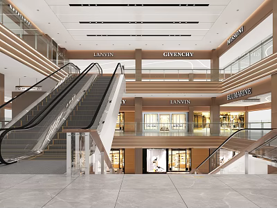Modern Shopping Mall Atrium With Escalators And Luxury Brand Stores 3d model