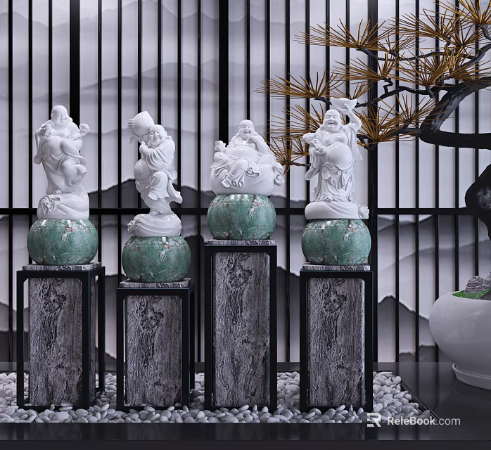 White Carved Sculptures on Green Bases with Black Pedestals Pine Tree Mountain Background White Pebbles 3d model 