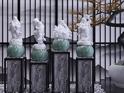 White Carved Sculptures on Green Bases with Black Pedestals Pine Tree Mountain Background White Pebbles 3d model